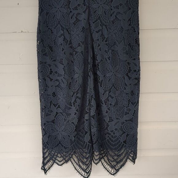 Sharagano Navy Fitted Sheath Cap Sleeve Lace Dress Scalloped Hem Size 8 - Picture 10 of 11